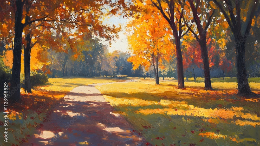 Obraz premium Autumn Path Winding Through Golden Trees