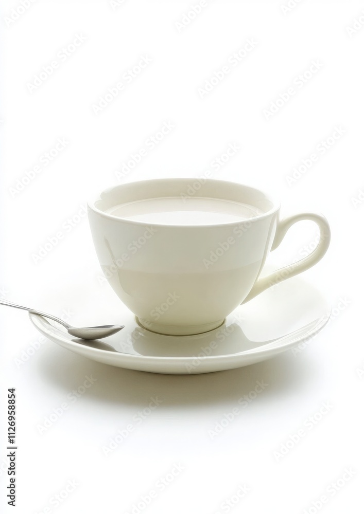 Obraz premium Minimalist White Tea Cup on Saucer with Spoon Isolated on White Background Featuring a Smooth Surface, Perfect for Beverage Photography and Lifestyle Projects