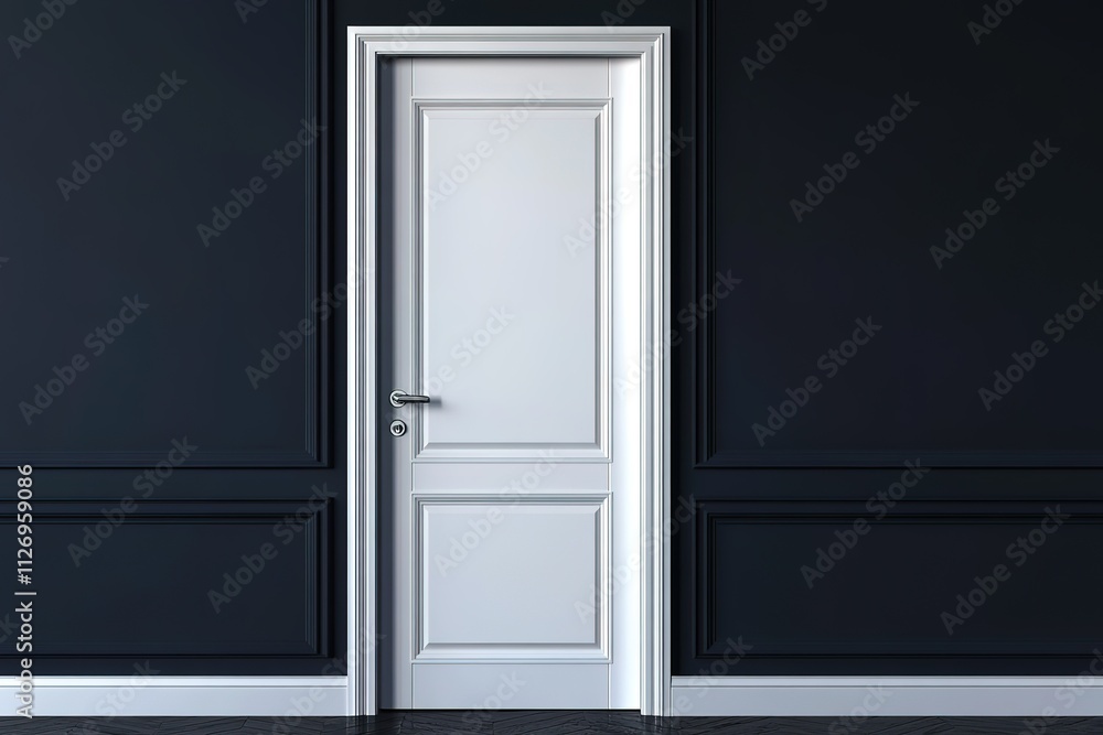A white door with a silver handle sits in front of a black wall A white door with a silver handle sits in front of a black wall