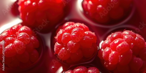 Close-up view of several ripe raspberries submerged in a dark red liquid, glistening with moisture photo