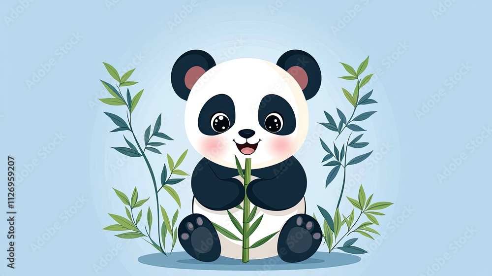 Fototapeta premium Cute cartoon panda character holding bamboo surrounded by green leaves on a light blue background in a playful style
