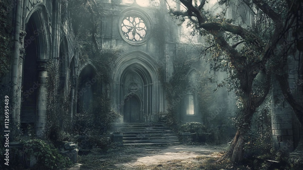 Overgrown Gothic Church Entrance Steps And Courtyard Overgrown Gothic Church Entrance Steps And Courtyard
