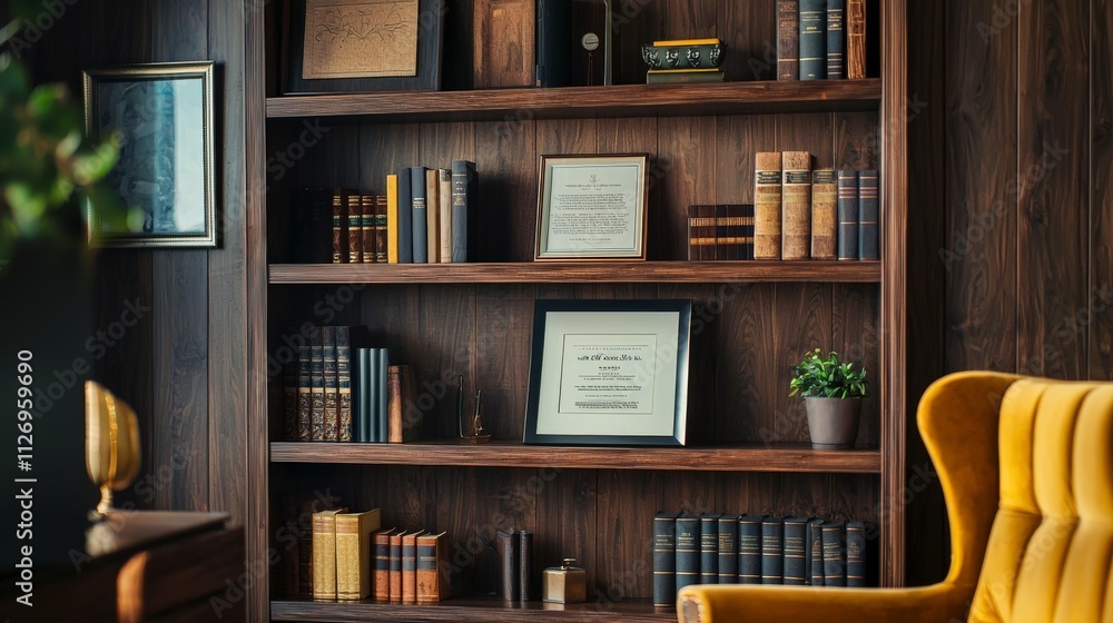 Elegant dark oak bookshelf with classic literature modern office space home decor cozy setting inviting atmosphere Elegant dark oak bookshelf with classic literature modern office space home decor cozy setting inviting atmosphere