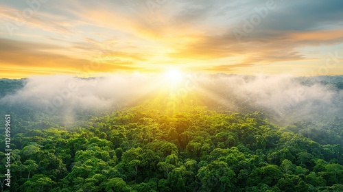 A stunning graphic art depiction of a lush green Amazon forest, bathed in the warm hues of a sunrise or sunset