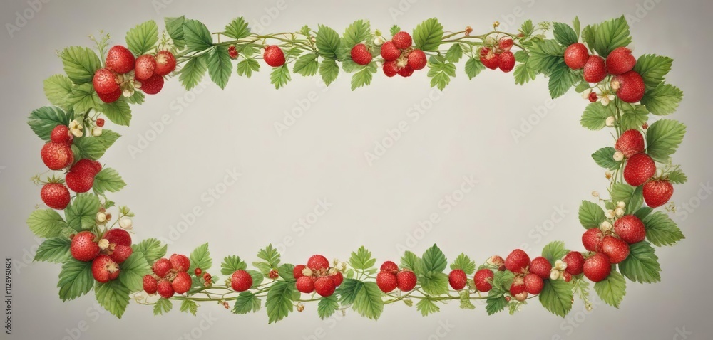 Hand-painted watercolor wild strawberry chaplet frame, botanical, beautiful, foliage Hand-painted watercolor wild strawberry chaplet frame, botanical, beautiful, foliage