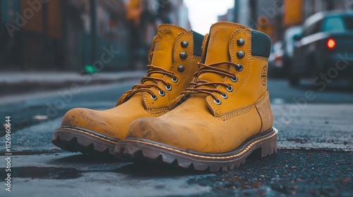 Dynamic urban scene steeltoe safety boots in high-quality photography of industrial city streets photo