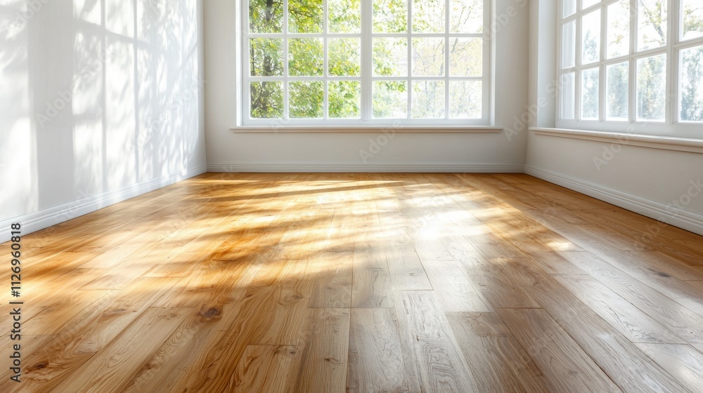 The empty room features a bare wooden floor and stark white walls, with sunlight streaming in through a large window, creating a captivating glare that illuminates the space with a warm