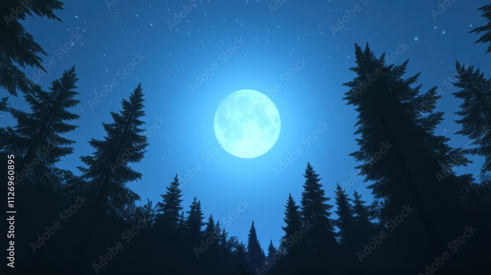 Enchanting Moonlit Night Over a Dense Forest with Stars and Tall Pines Enchanting Moonlit Night Over a Dense Forest with Stars and Tall Pines