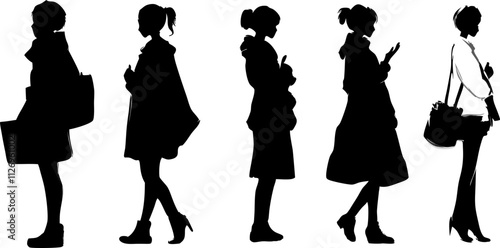 Five women silhouettes walking and shopping, cut out vector illustration