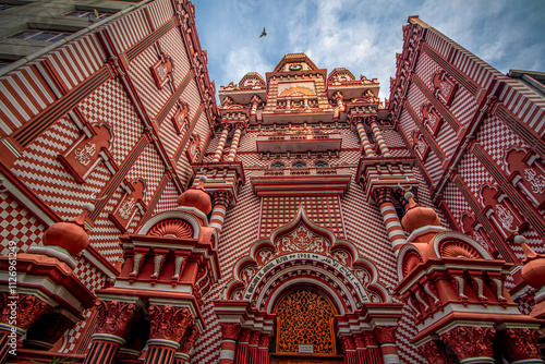 Colombo red mosque wide angle view with dramatic sky on Sri Lanka