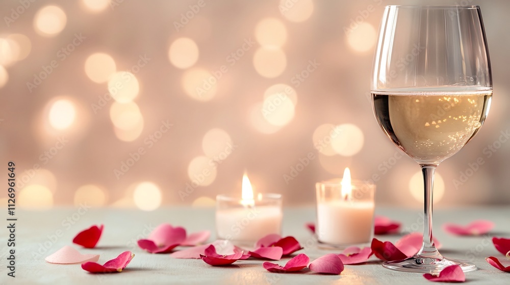 Romantic Valentine's Day Setting with Wine,Candles,and Rose Petals Romantic Valentine's Day Setting with Wine,Candles,and Rose Petals