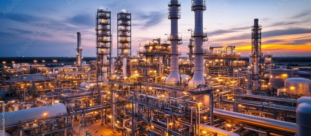 Industrial complex at sunset with illuminated structures and pipes.