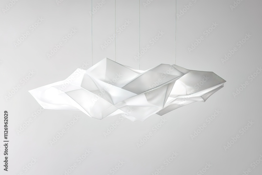 A white light fixture with a paper-like texture hangs from the ceiling A white light fixture with a paper-like texture hangs from the ceiling