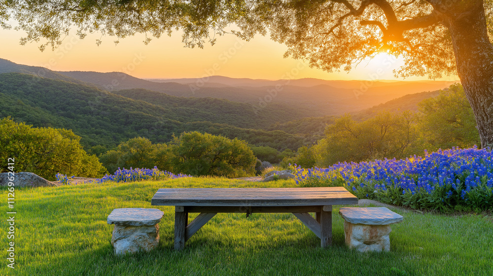 Sunset Serene: A wooden picnic table rests amidst a field of vibrant blue wildflowers, bathed in the warm glow of a sunset over rolling hills. Tranquility and beauty combine in this picturesque scene. Sunset Serene: A wooden picnic table rests amidst a field of vibrant blue wildflowers, bathed in the warm glow of a sunset over rolling hills. Tranquility and beauty combine in this picturesque scene.