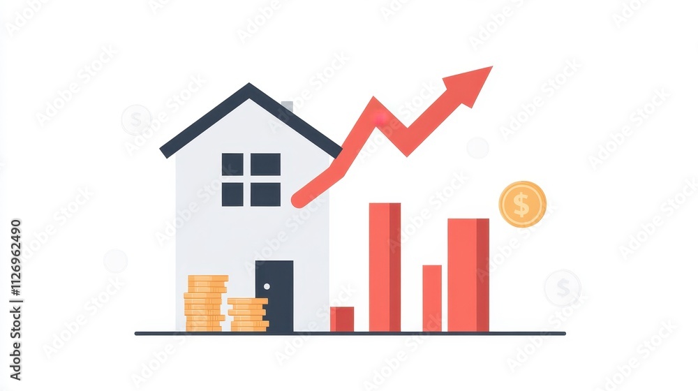 Illustration of Growing Real Estate Market with House, Coins, and Rising Graph Indicating Increasing Home Values and Investment Potential Illustration of Growing Real Estate Market with House, Coins, and Rising Graph Indicating Increasing Home Values and Investment Potential