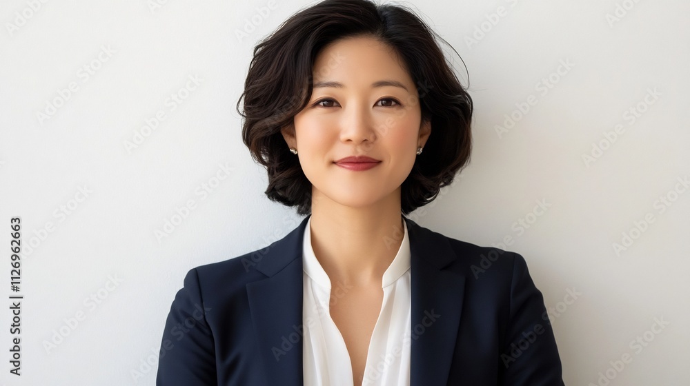 Confident and Successful Asian Businesswoman Smiling Professionally Against White Backdrop Confident and Successful Asian Businesswoman Smiling Professionally Against White Backdrop