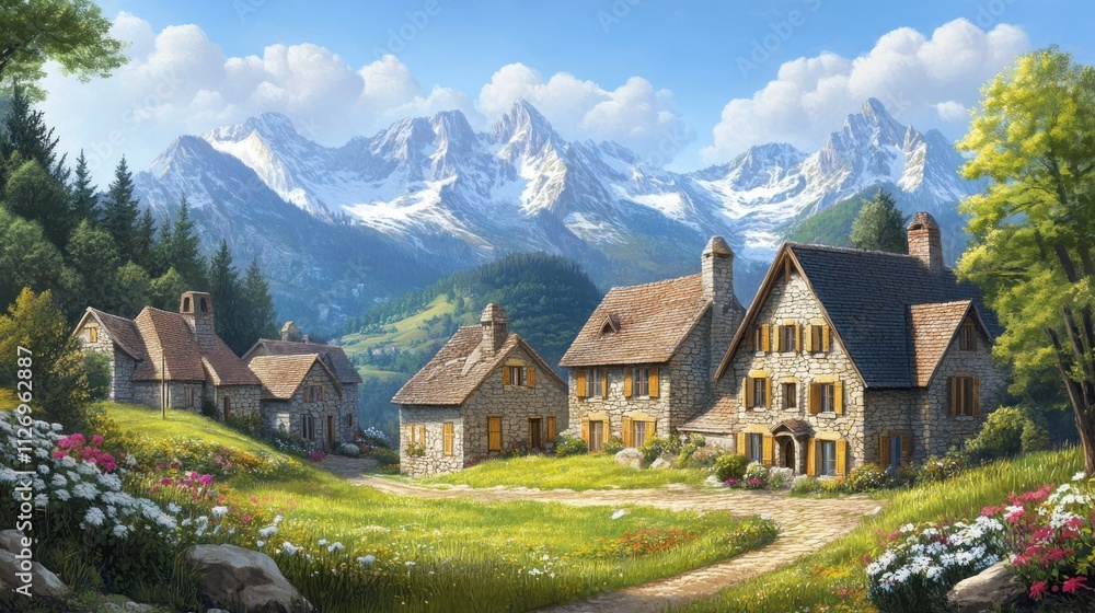 A serene mountain landscape featuring charming stone houses and vibrant flowers. A serene mountain landscape featuring charming stone houses and vibrant flowers.