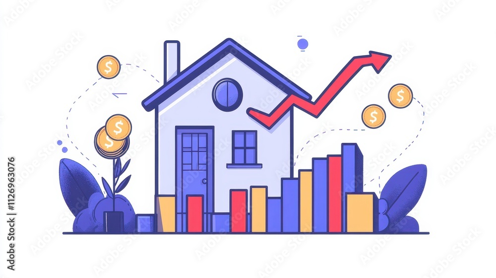 Illustration of a modern house with finance elements depicting growth in real estate, featuring graphs, dollar signs, and decorative plants for a vibrant economic theme Illustration of a modern house with finance elements depicting growth in real estate, featuring graphs, dollar signs, and decorative plants for a vibrant economic theme