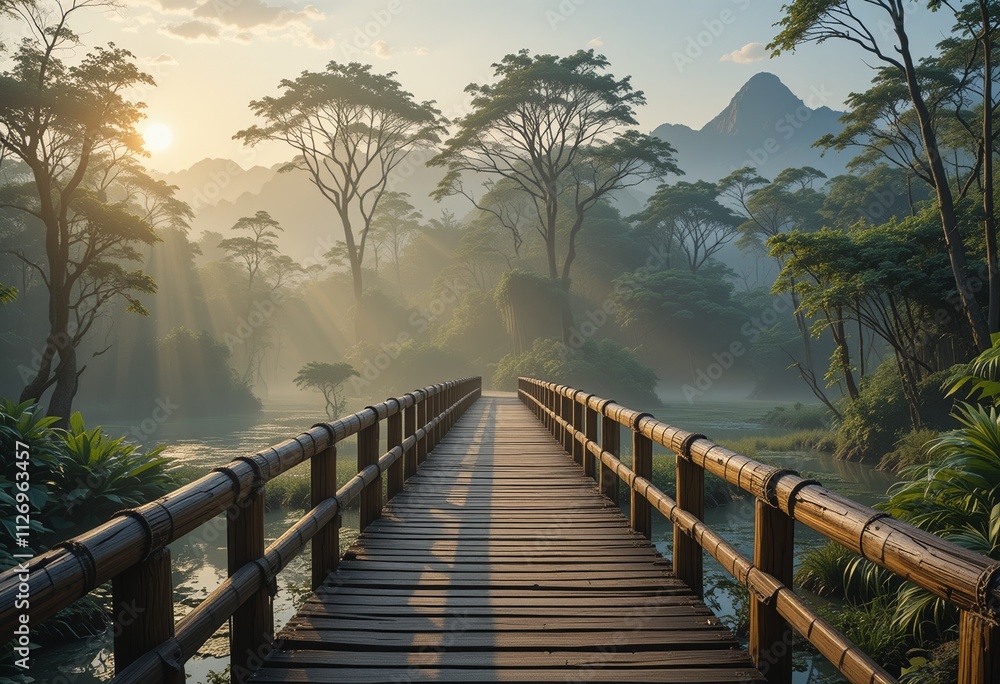 Fototapeta premium A landscape photo of a wooden bridge in the middle of a tropical forest with morning sunlight makes for a very aesthetic photo