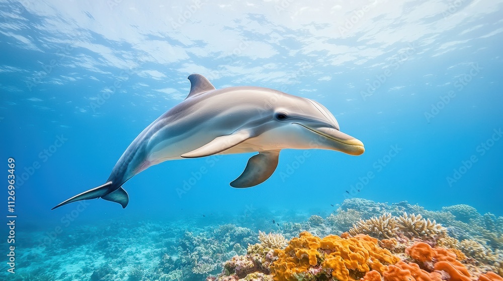 The majestic dolphin gracefully glides through the crystal clear water, its sleek body shimmering in the sunlight as it navigates through a coral reef teeming with vibrant hues The majestic dolphin gracefully glides through the crystal clear water, its sleek body shimmering in the sunlight as it navigates through a coral reef teeming with vibrant hues