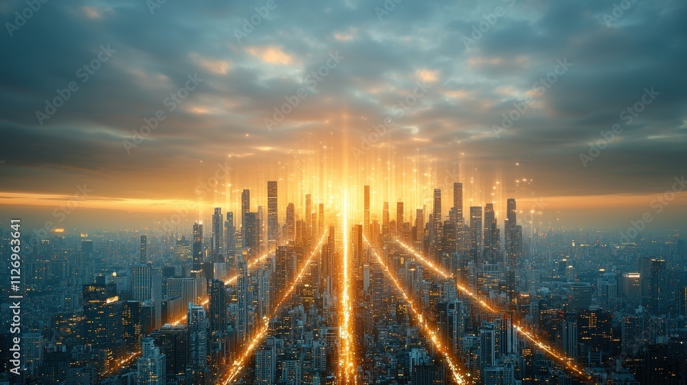Obraz premium The vibrant lights of the city create a mesmerizing glow, illuminating the grid like streets and towering skyscrapers that stretch endlessly into the darkness of the night sky.