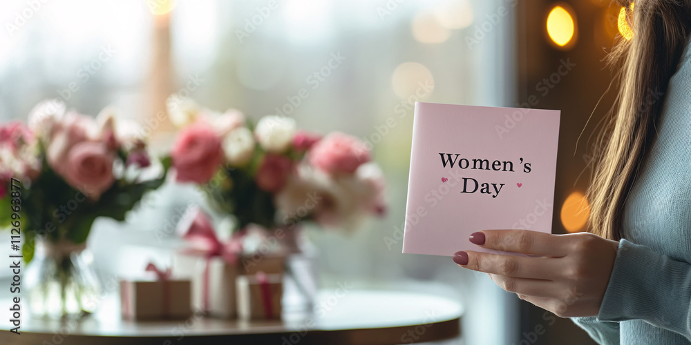 A stylish woman holds a pink card that reads A stylish woman holds a pink card that reads