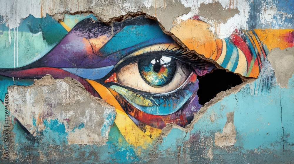 Colorful Eye Mural Emerging from Cracked Wall with Urban Street Art and Graffiti Elements Colorful Eye Mural Emerging from Cracked Wall with Urban Street Art and Graffiti Elements