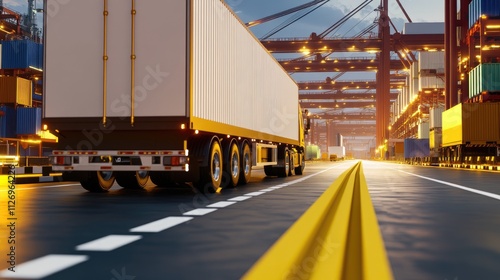 Trucks Transporting Goods at a Vibrant Industrial Port with Cranes and Shipping Containers Under a Clear Sky