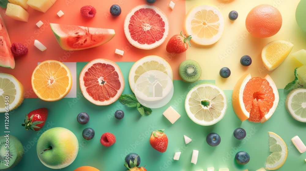 Colorful variety of fresh fruits and berries on a vibrant background Colorful variety of fresh fruits and berries on a vibrant background