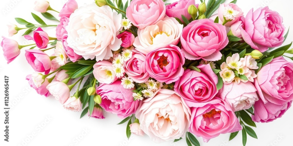Vibrant pink peonies and roses on white background with space for text, vibrant, fresh Vibrant pink peonies and roses on white background with space for text, vibrant, fresh