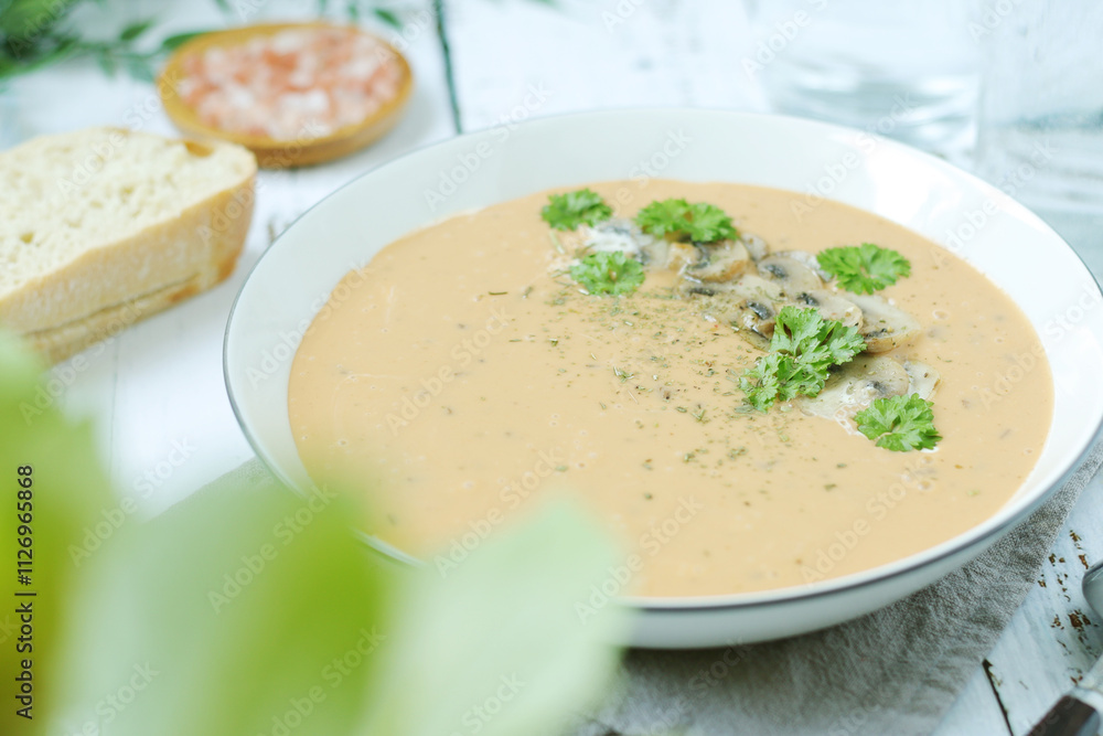 A bowl with mushroom cream soup A bowl with mushroom cream soup