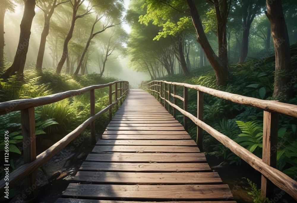 Obraz premium Idyllic wooden bridge pathway in a verdant forest setting, outdoor landscape, forest scenery, tranquil trail, green foliage, woodland trek