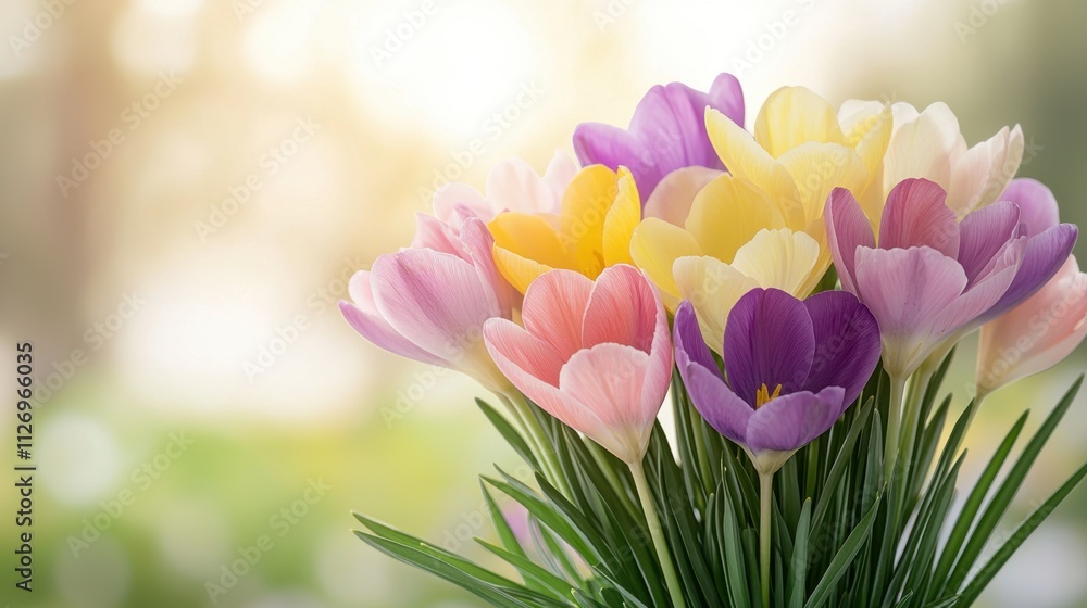 Fototapeta premium A stunning array of delicate petals in shades of pink, purple, and yellow, bursting forth from verdant green stems, creating a vibrant tapestry of color in the spring sunshine.