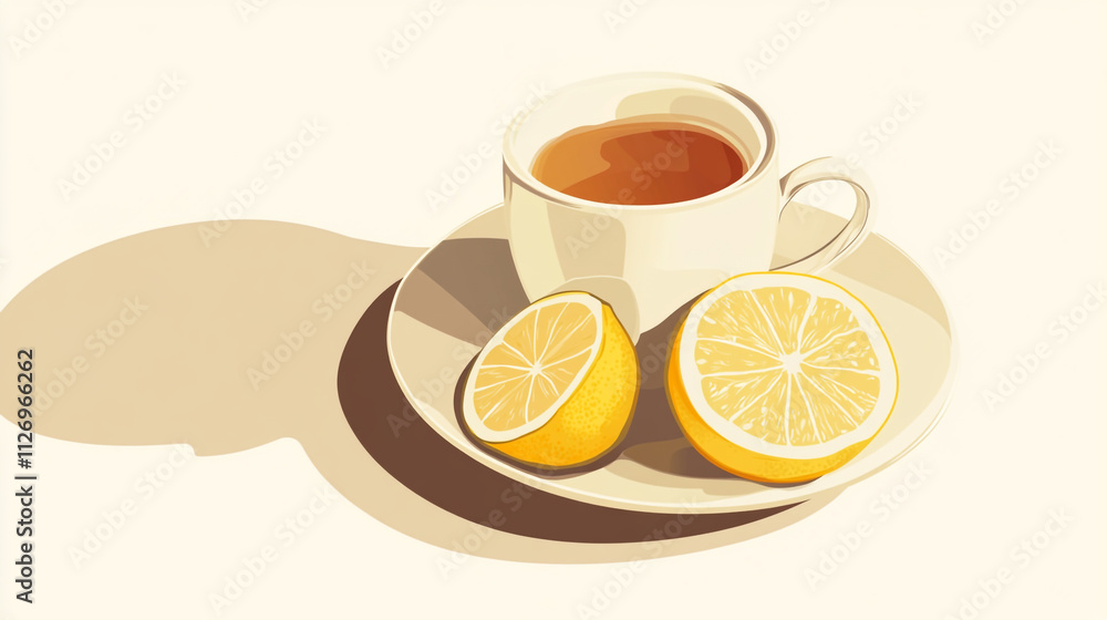 Warm tea served with fresh lemon slices on a gentle background Warm tea served with fresh lemon slices on a gentle background
