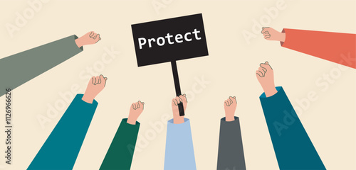 Politics Protest and revolution. No WAR. riot Mass protest crowd demonstrators with banners and flags. Manifestation crowds people with raised hands and banners or. Vector illustration 