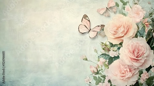 Pastel Roses and Delicate Butterflies on a Soft Background