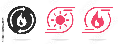 Fire pump hearing flame circulation ui icon simple vector, stove oven warmer boiler flow sign symbol pictogram stroke line art, renewable burn energy power logo, metabolism kcal boost image set
