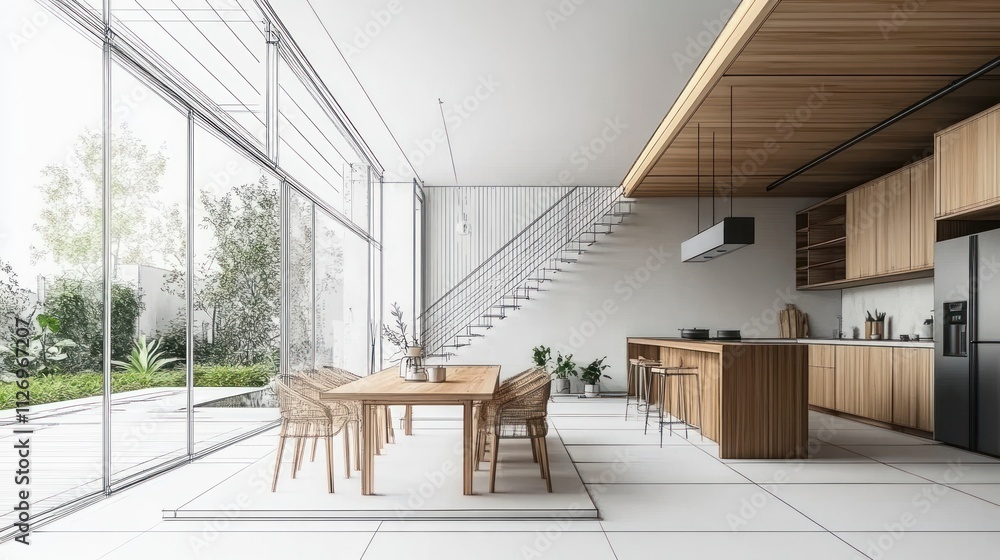 Modern kitchen and dining area with large windows and minimalist design. Modern kitchen and dining area with large windows and minimalist design.
