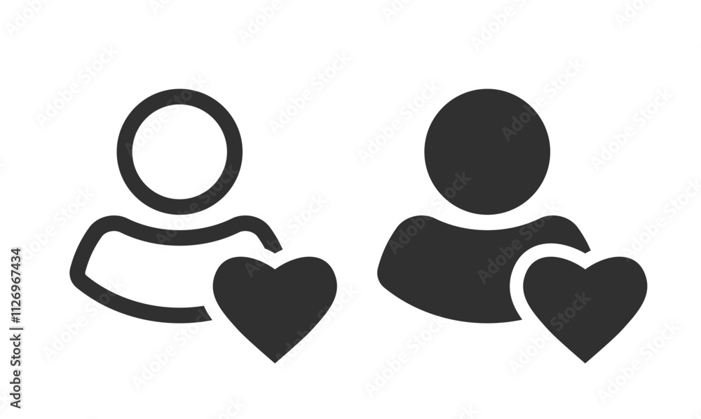 Legacy user contact icon vector, person love heart sign symbol simple graphic line stroke outline pictogram, man health care minimal ui silhouette set, loyal customer client solid black logo image Legacy user contact icon vector, person love heart sign symbol simple graphic line stroke outline pictogram, man health care minimal ui silhouette set, loyal customer client solid black logo image