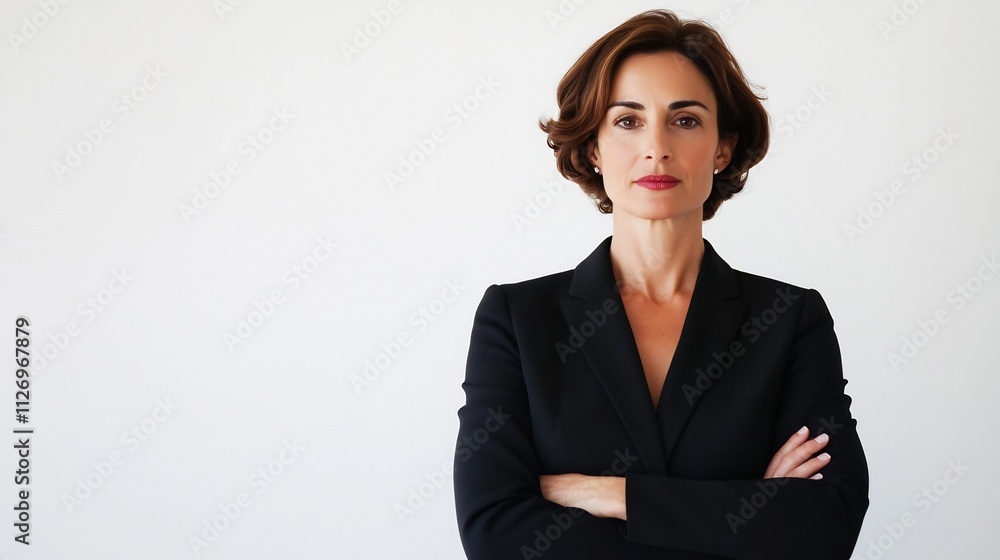 Confident Businesswoman in Dark Suit Posing with Arms Crossed on White Background Confident Businesswoman in Dark Suit Posing with Arms Crossed on White Background