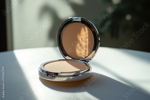 glowing compact foundation displayed upright on matte white surface under diffused natural lighting photo