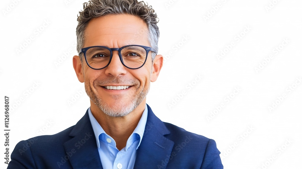 Confident Corporate Businessman Smiling and Adjusting Glasses in Headshot Confident Corporate Businessman Smiling and Adjusting Glasses in Headshot
