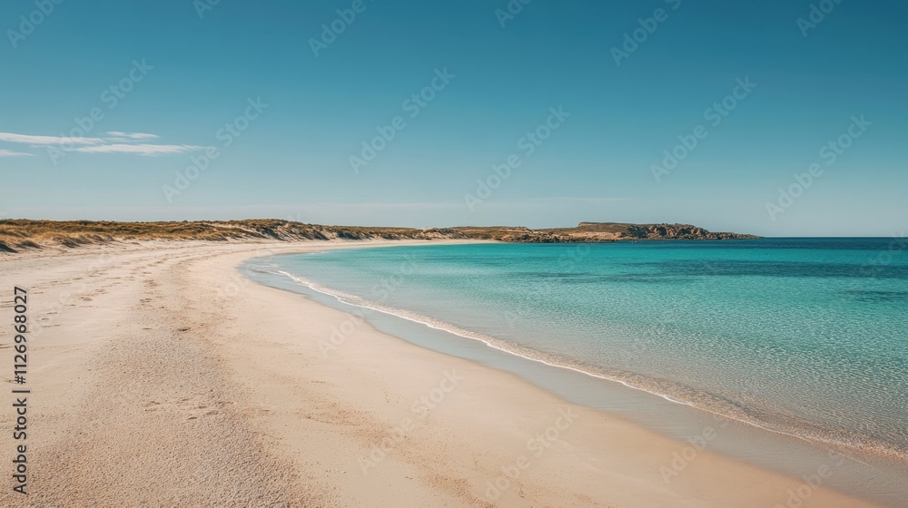 Obraz premium Beautiful empty beach with vivid turquoise waters meeting a soft sandy shoreline under a bright, cloudless sky.