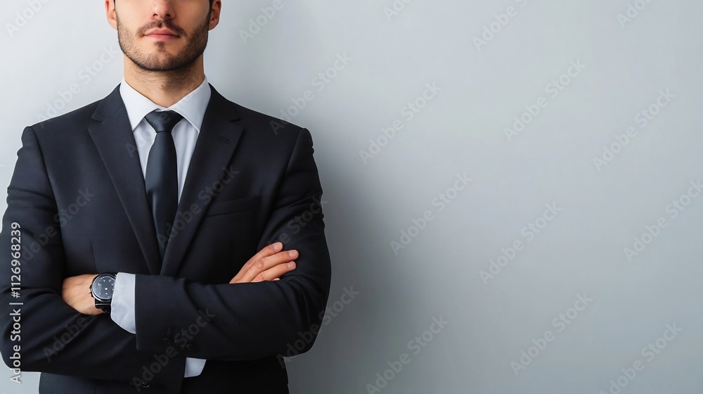 Confident Businessman in Formal Attire Stands with Folded Arms on White Background Confident Businessman in Formal Attire Stands with Folded Arms on White Background