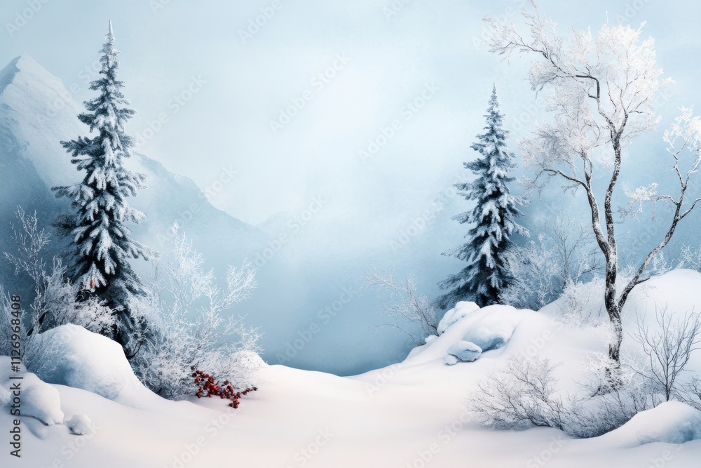 Obraz premium winter wonderland illustration, tranquil christmas scene snowy trees against soft blue sky creating holiday ambiance for greetings