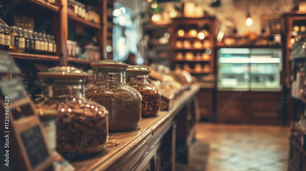 Rustic grocery store with glass jars and wooden shelves Rustic grocery store with glass jars and wooden shelves