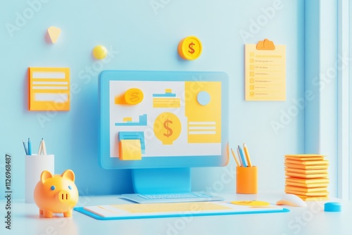 3D rendered image of a modern, clean and professional home office setup with minimalistic furniture, . Perfect for use as a background in investment and savings advertisements,