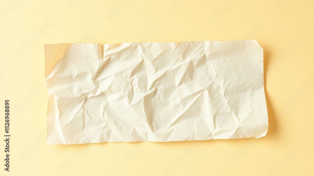 Obraz premium Cream-colored crumpled paper sheet on a pale yellow background, ideal for design mockups and texture overlays.