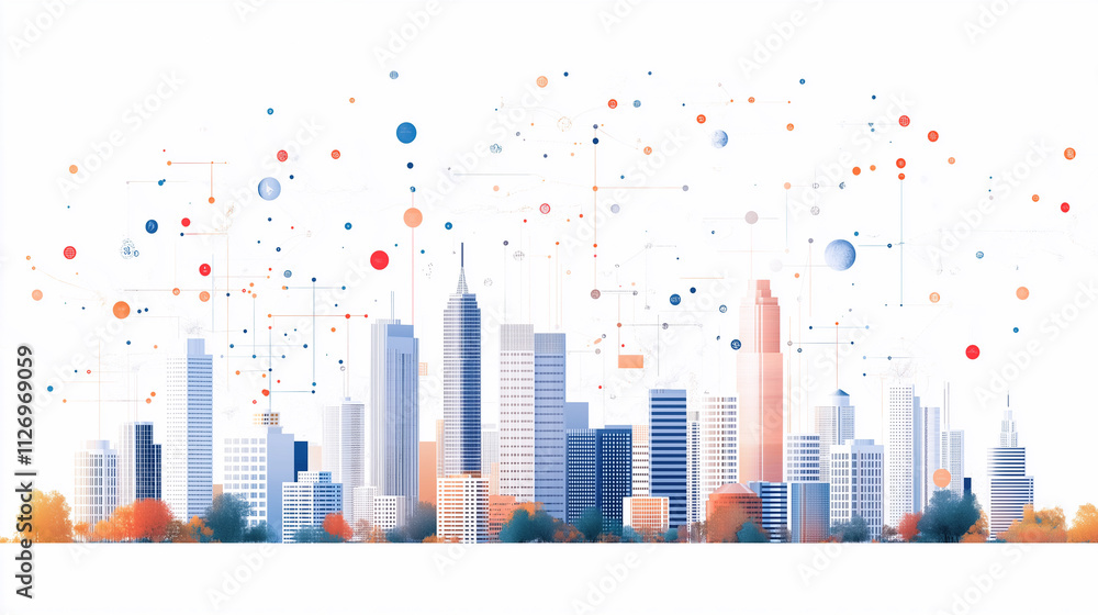 Obraz premium Cityscape of Innovation: A futuristic cityscape emerges from a vibrant sea of data points, representing the interconnected nature of technology, innovation, and progress.