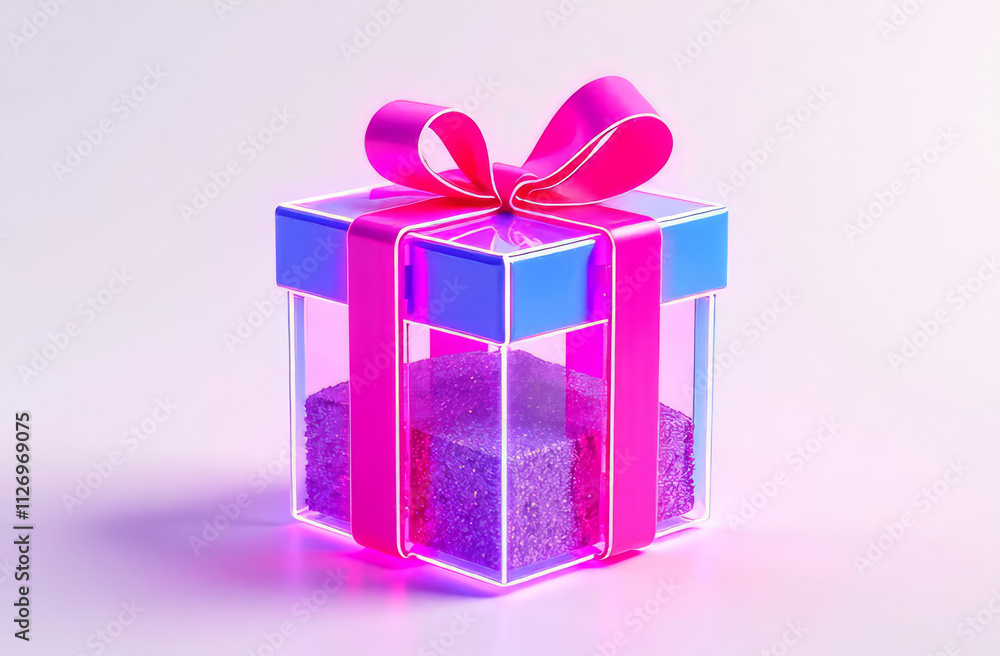 Volumetric transparent neon gift box with glitter inside, white background. Volumetric transparent neon gift box with glitter inside, white background.